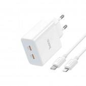 Сетевое зарядное устройство 2Type-C Hoco C108A Leader PD35W White + Type-c to Lightning White