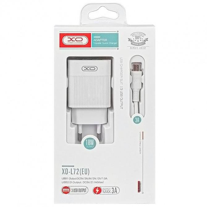Сетевое зарядное устройство XO L72 QC3.0 30W (18W/1 USB+2.4A/2 USB)+MicroUSB White