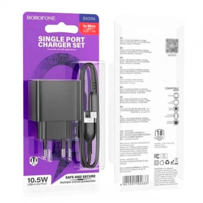 Сетевое зарядное устройство 1USB Borofone BAS11A Erudite 2.1A Black + MicroUSB Cable-1