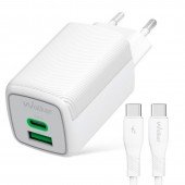 Мережевий зарядний пристрій 1USB + Type-C WALKER WH-75 GAN 65W+QC 60W White + Type-C to Type-C Мережевий зарядний пристрій 1USB + Type-C WALKER WH-75 GAN 65W+QC 60W White + Type-C to Type-C