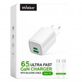 Мережевий зарядний пристрій 1USB + Type-C WALKER WH-75 GAN 65W+QC 60W White + Type-C to Type-C Мережевий зарядний пристрій 1USB + Type-C WALKER WH-75 GAN 65W+QC 60W White + Type-C to Type-C