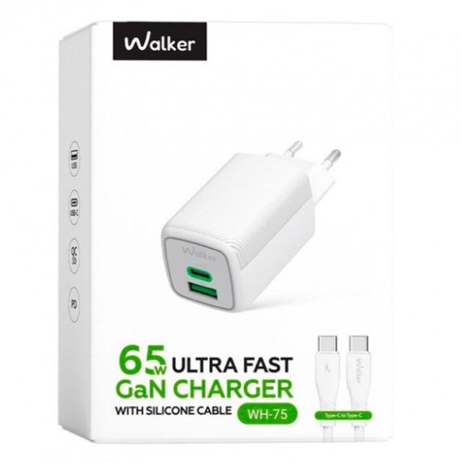 Сетевое зарядное устройство 1USB + Type-C WALKER WH-75 GAN 65W+QC 60W White + Type-C to Type-C-1
