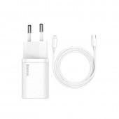 МЗП 1Type-C Baseus Super Si 1C 20W EU Sets White + Type-C to Lightning 3A 1m