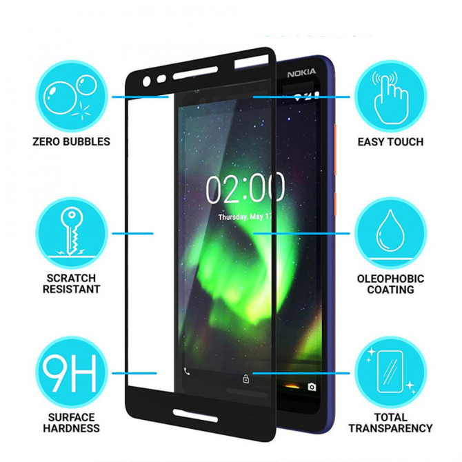 Защитное стекло для NOKIA 2.1 Full Glue (0.3 мм, 2.5D, чёрное)-2