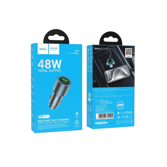 Автомобильное зарядное устройство 1USB+Type-C Hoco Z60 Bloom PD30W+QC3.0 Metal Black-2