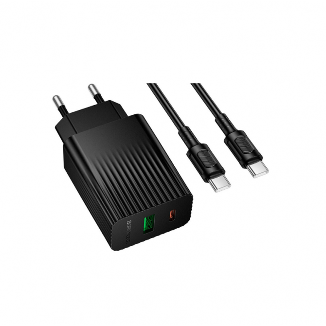 Мережевий зарядний пристрій 1USB + Type-C Borofone BAS76A PD30W+QC3.0 Black+ Type-C to Type-C Cable