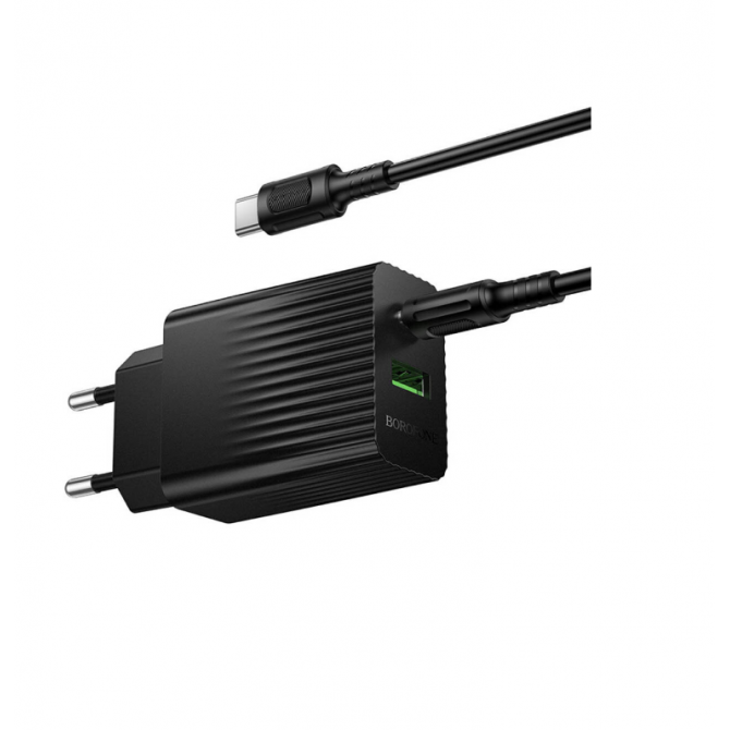 Мережевий зарядний пристрій 1USB + Type-C Borofone BAS76A PD30W+QC3.0 Black+ Type-C to Type-C Cable-1