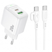 Мережевий зарядний пристрій 1USB + Type-C Borofone BAS44A PD20W+QC3.0 White + Type-C Cable Мережевий зарядний пристрій 1USB + Type-C Borofone BAS44A PD20W+QC3.0 White + Type-C Cable