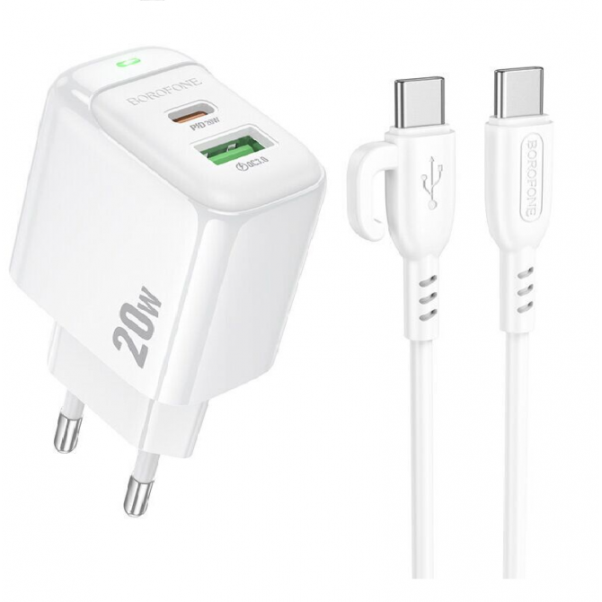 Сетевое зарядное устройство 1USB + Type-C Borofone BAS44A PD20W+QC3.0 White + Type-C Cable