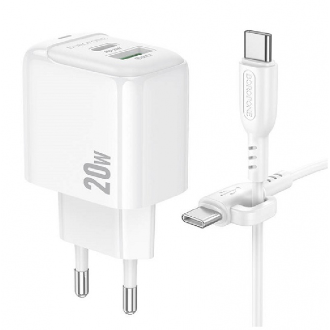 Сетевое зарядное устройство 1USB + Type-C Borofone BAS44A PD20W+QC3.0 White + Type-C Cable-1