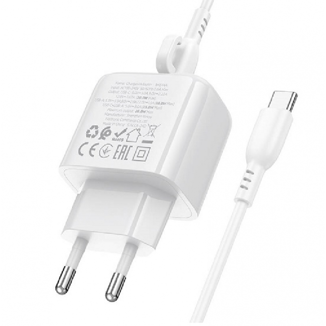 Сетевое зарядное устройство 1USB + Type-C Borofone BAS44A PD20W+QC3.0 White + Type-C Cable-2