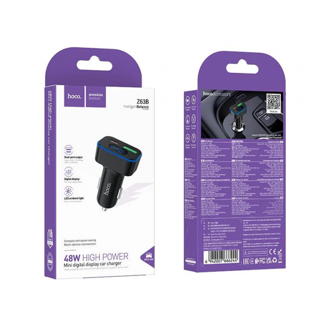 Автомобильное зарядное устройство 1USB+Type-C Hoco Z63B Barry 48w dual port PD30W+QC3.0 Black-3