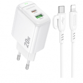 Мережевий зарядний пристрій  1USB + Type-C Borofone BAS44A PD20W+QC3.0 White + Lightning Cable Мережевий зарядний пристрій  1USB + Type-C Borofone BAS44A PD20W+QC3.0 White + Lightning Cable