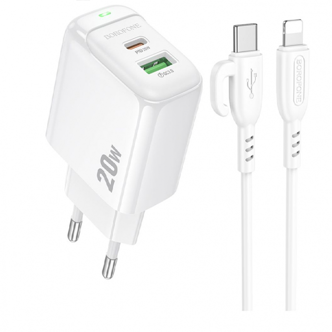 Сетевое зарядное устройство 1USB + Type-C Borofone BAS44A PD20W+QC3.0 White + Lightning Cable