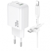 Мережевий зарядний пристрій  1USB + Type-C Borofone BAS44A PD20W+QC3.0 White + Lightning Cable Мережевий зарядний пристрій  1USB + Type-C Borofone BAS44A PD20W+QC3.0 White + Lightning Cable