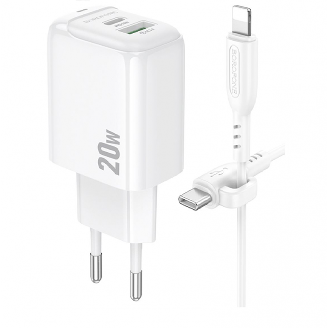 Сетевое зарядное устройство 1USB + Type-C Borofone BAS44A PD20W+QC3.0 White + Lightning Cable-1