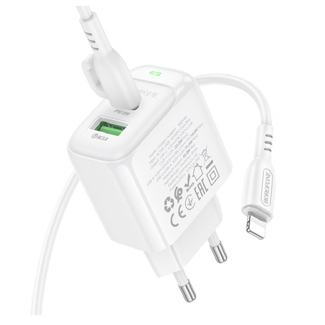 Сетевое зарядное устройство 1USB + Type-C Borofone BAS44A PD20W+QC3.0 White + Lightning Cable-2