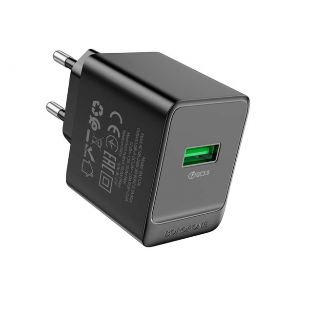 Мережевий зарядний пристрій 1USB Borofone BAS12A Erudite 18W/ QC3.0 Black-2