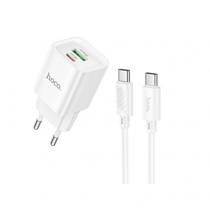 Сетевое зарядное устройство 1USB + Type-C Hoco C147A PD20W+QC3.0 White + Cable Type-C to Type-C
