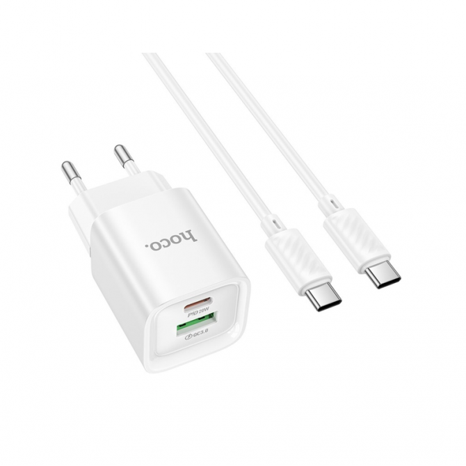 Сетевое зарядное устройство 1USB + Type-C Hoco C147A PD20W+QC3.0 White + Cable Type-C to Type-C-2