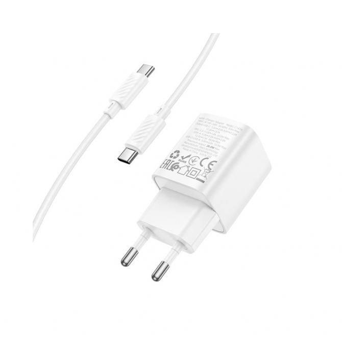 Сетевое зарядное устройство 1USB + Type-C Hoco C147A PD20W+QC3.0 White + Cable Type-C to Type-C-4