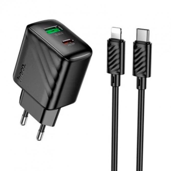 Мережевий зарядний пристрій 1USB + Type-C Hoco CS25A Rico PD20W+QC3.0 Black + Type-C to Lightning