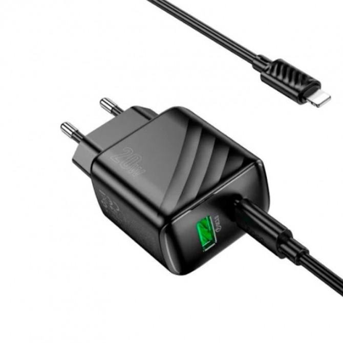 Мережевий зарядний пристрій 1USB + Type-C Hoco CS25A Rico PD20W+QC3.0 Black + Type-C to Lightning-1