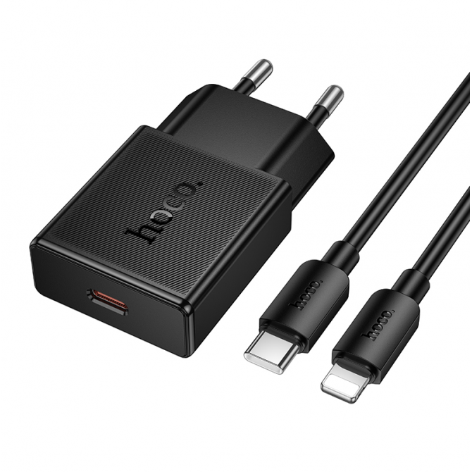 Сетевое зарядное устройство Hoco N72 Speed ultra-thin PD 20W USB-C+ Type-C to Lightning Cable Black-1