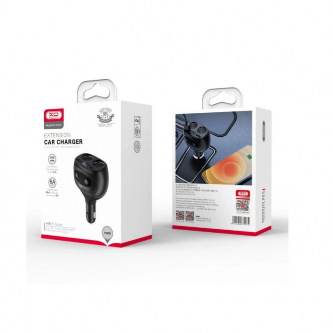 Автомобильное зарядное устройство XO CC41 4in1 разветвитель двойной/ 2 USB 6A Black-3