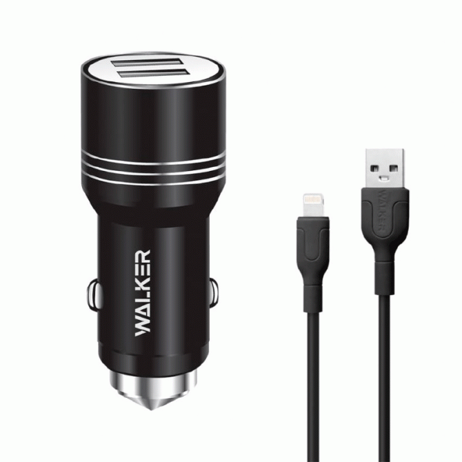 Автомобільний зарядний пристрій 2USB Walker WCR-21 1.0A+2.4A Lightning Black