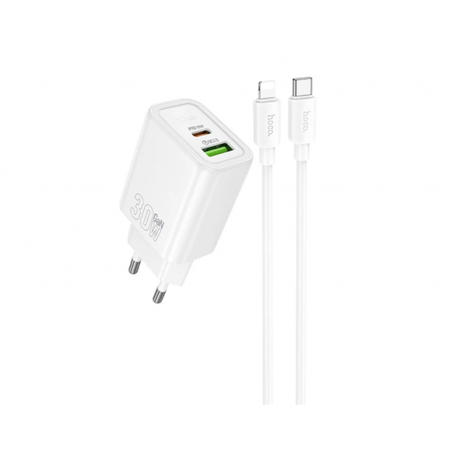 Сетевое зарядное устройство 1USB + Type-C Hoco N63 Gentle PD 30W+QC3.0 White