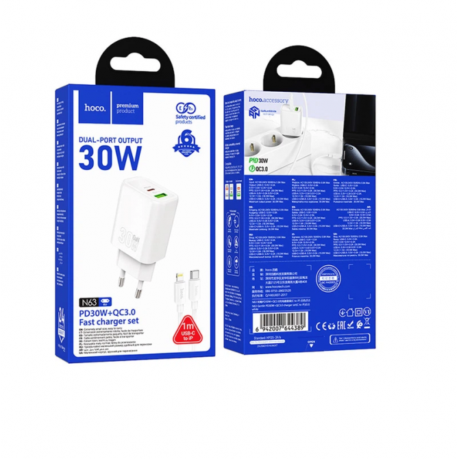 Сетевое зарядное устройство 1USB + Type-C Hoco N63 Gentle PD 30W+QC3.0 White-2