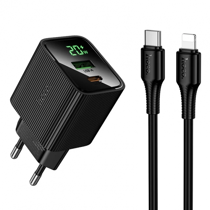 Сетевое зарядное устройство 1USB + Type-C Hoco CS83A PD20W+QC3.0 Black + Lighthing to Type-C cable