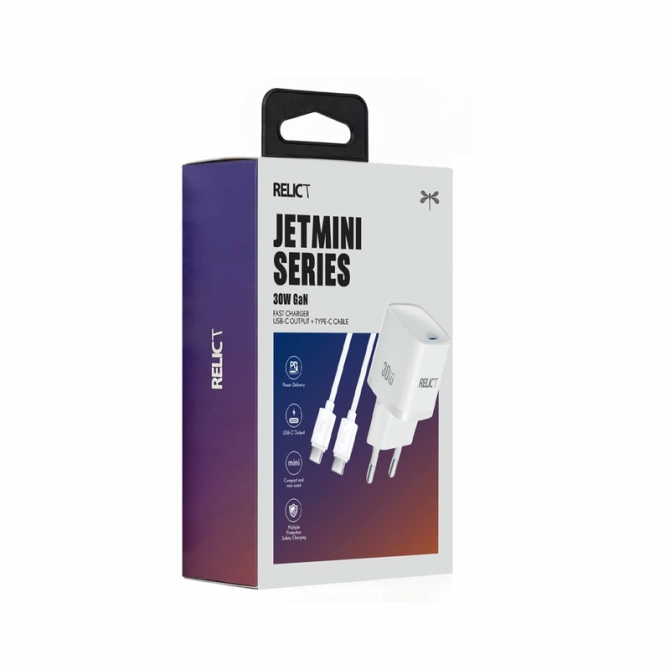 Сетевое зарядное устройство PD Relict JetMini GaN 30W/1 USB-C+ Type-C cable White-1
