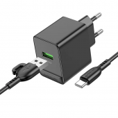 Мережевий зарядний пристрій 1USB Borofone BAS12A Erudite 18W/ QC3.0 Black + Type-C cable Мережевий зарядний пристрій 1USB Borofone BAS12A Erudite 18W/ QC3.0 Black + Type-C cable