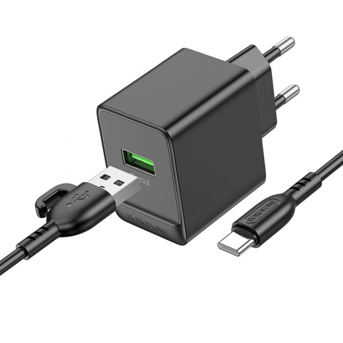 Мережевий зарядний пристрій 1USB Borofone BAS12A Erudite 18W/ QC3.0 Black + Type-C cable