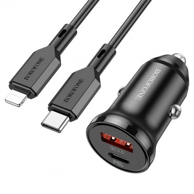 Автомобильное зарядное устройство Borofone BZ18A PD20W+QC3.0 3A Black+ Cable Type-C to Lightning Bla-2