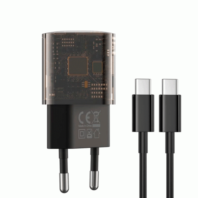 СЗУ XO CE05 PD 30W/ QC 18W Transparent Black + Type-C to Type-C Cable