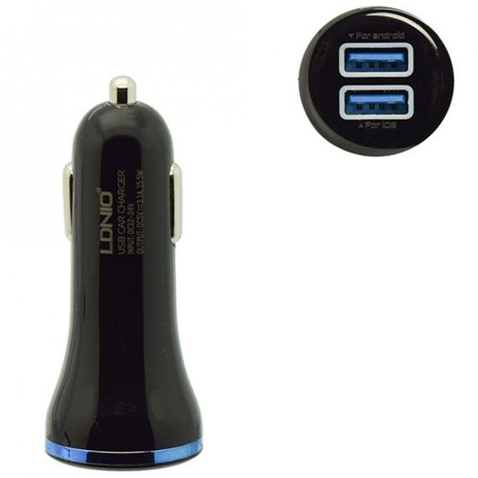 Автомобільний зарядний пристрій 2USB LDNIO (3.1A) Чорний + USB Cable iPhone 5 (DL-C23)-2