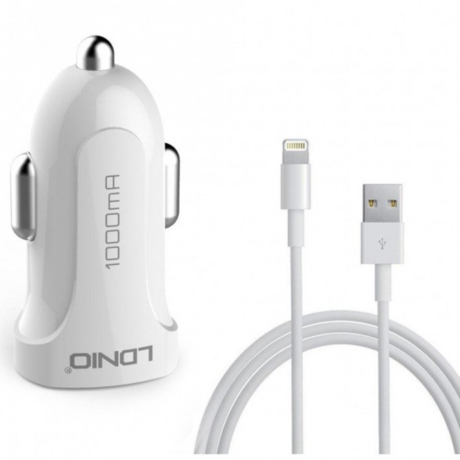 Автомобільний зарядний пристрій USB LDNIO (1A) Білий + USB Cable iPhone 5 (DL-C17)