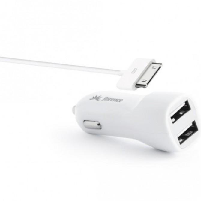 Автомобильное зарядное устройство Florence 2USB + cable iPhone 4/4S white, 2100mA (CC21-IPH4)-2