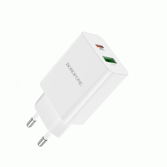 СЗУ 1USB + Type-C Borofone BA56A PD20W+QC3.0 White + Cable Type-C to Type-C