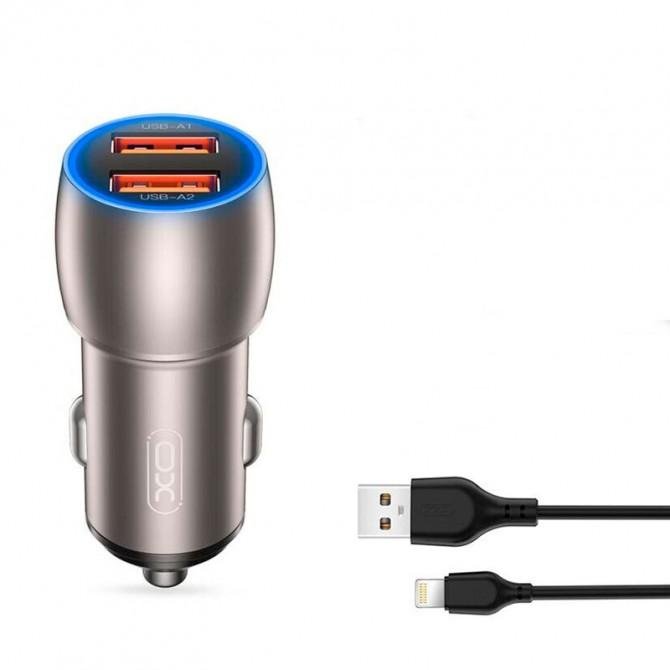 Автомобільний зарядний пристрій XO CC52 QC 3.0 36W/2USB + Lightning Black