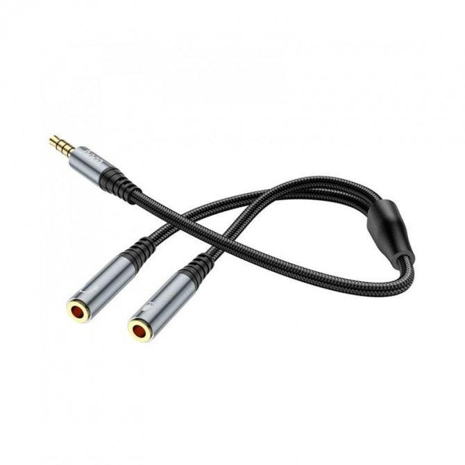 Кабель AUX Hoco UPA21 2in1 3.5" male to 2*female 0.25m Metal Grey