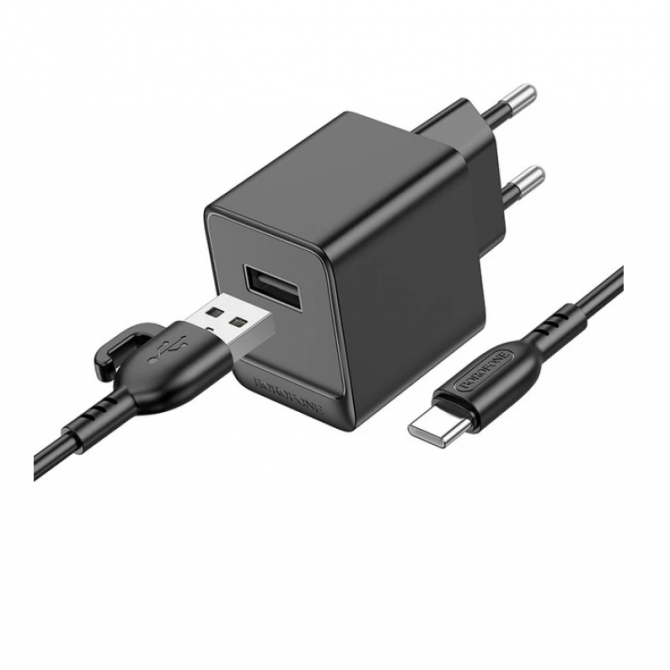 Сетевое зарядное устройство 1USB Borofone BAS11A Erudite 2.1A Black + Type-C Cable
