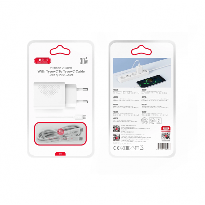 Сетевое зарядное устройство XO L162 30W/USB-C White + Type-C Cable-2
