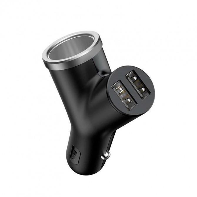 Автомобильное зарядное устройство 2USB Baseus Y Type + cigarette extended 3.1A Black