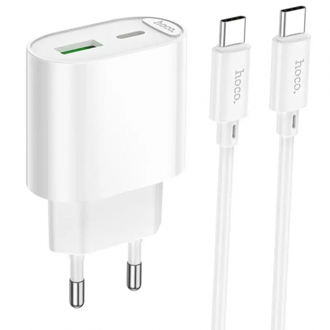 Сетевое зарядное устройство 1USB + Type-C Hoco C109A Fighter QC3.0 20W White + Cable Type-C