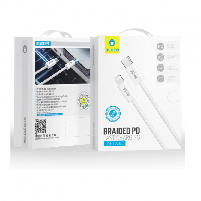 Кабель Blueo Braided PD Fast Charging USB-C to Lightning Cable (1m) White-2