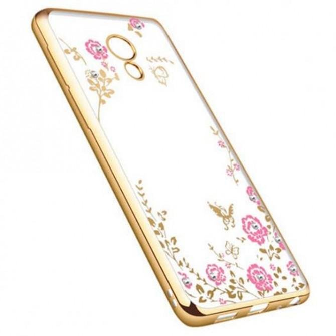Прозрачный чехол с цветами и стразами для Meizu M5 с глянцевым бампером (Золотой/Розовые цветы)-1
